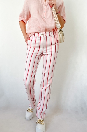 Панталон тип цигара райе/ бяло, розово и червено 
