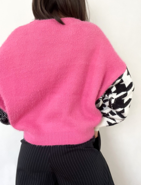 Пуловер "прилеп" в розово/ пепит и каре