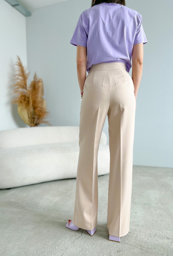 Дамски панталон с висока талия и прав крачол/ пудра-беж