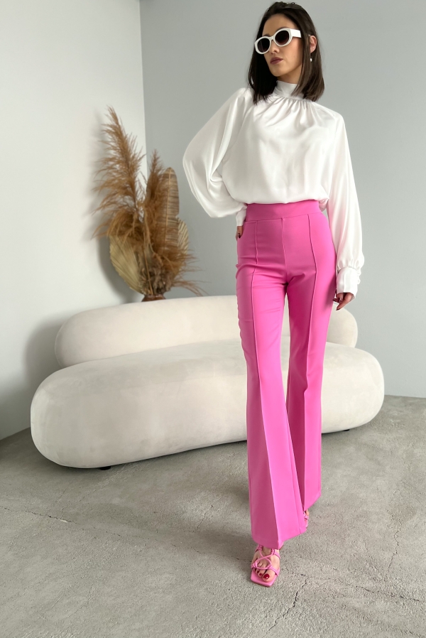Дамски панталон с много висока талия и ръб/ барби розово