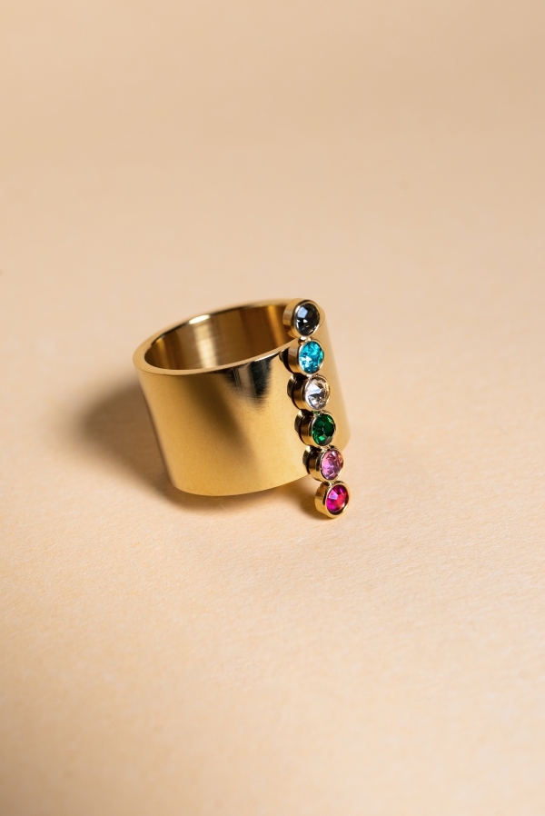 Дамски пръстен широка халка с камъни/ златист цвят