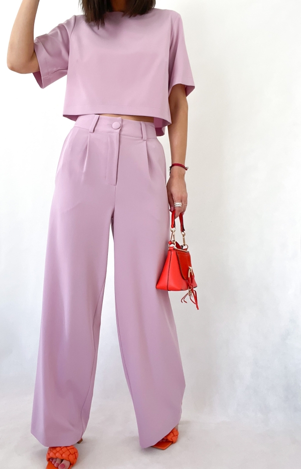 Дамски панталон с висока талия и широк прав крачол/ лила цвят