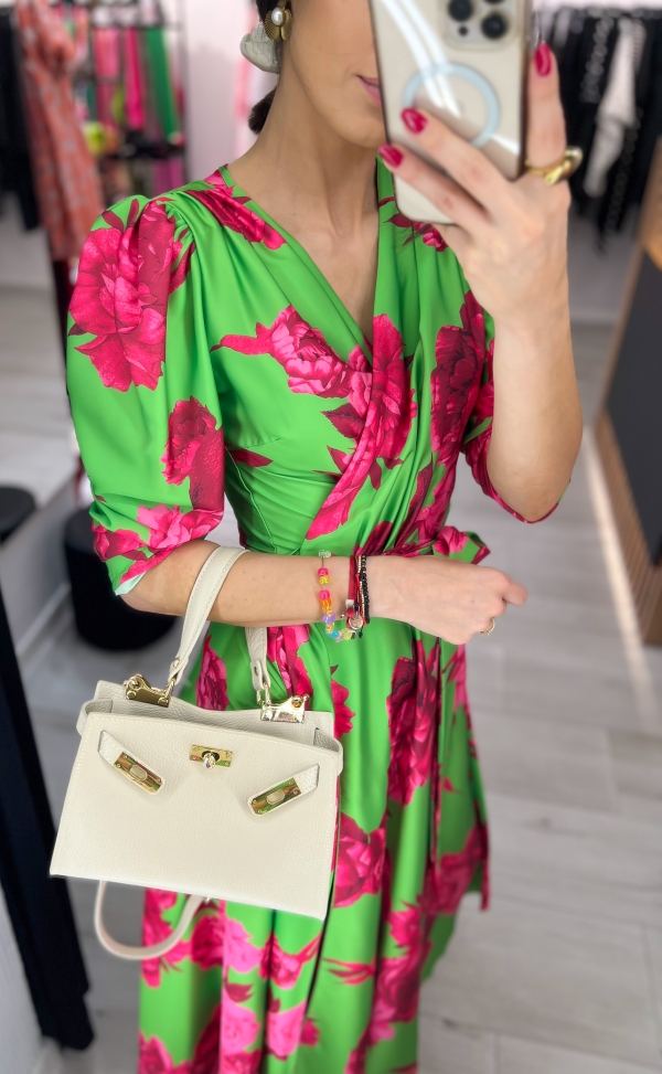 Дамска сатен рокля "AVA"/ зелена с циклама цветя