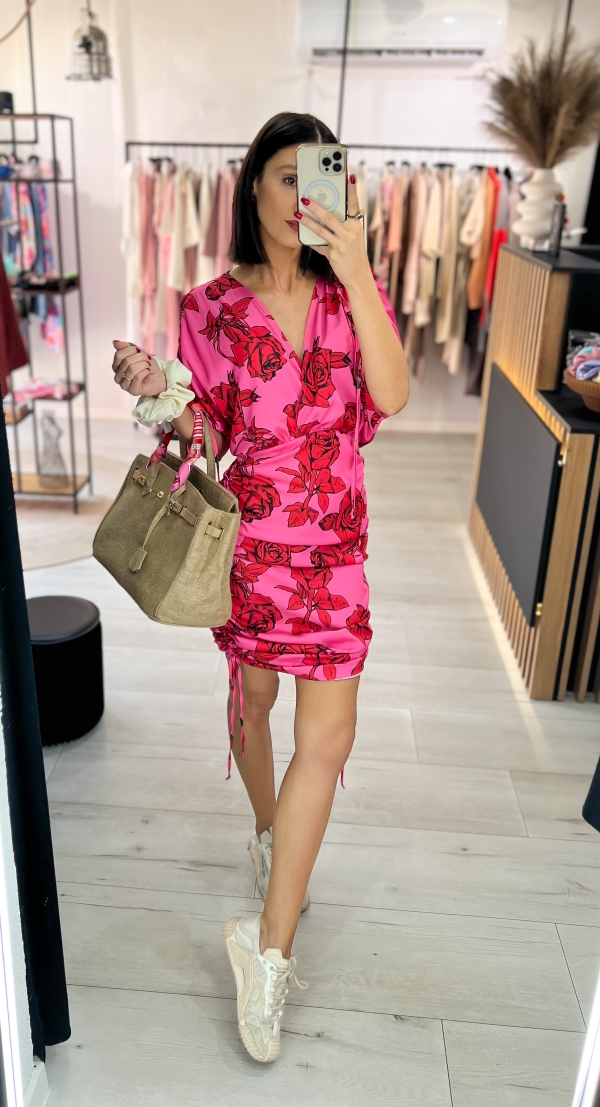 Дамска сатенена рокля с набор "YOKO"/ розова с цветя