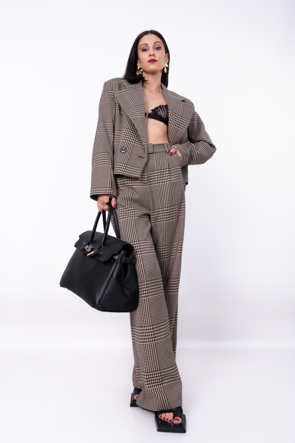 Дамски костюм от сако и панталон/ кафяв дребен пепит