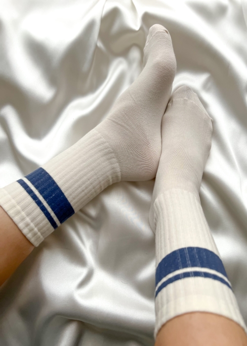 Дамски чорапи с тъмно сини ленти/ екрю