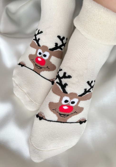 Коледни дамски чорапи/ екрю с еленче