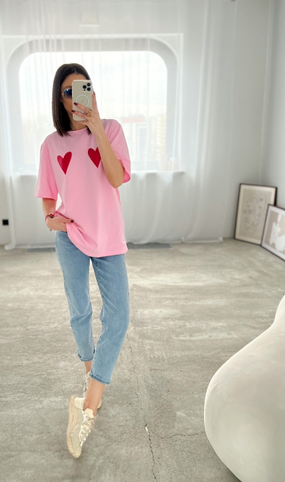 Дамска издължена тениска овърсайз "HEARTS"/ розова