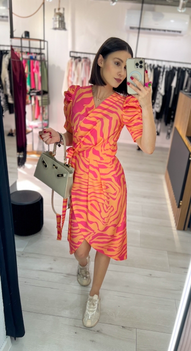 Дамска рокля с къс ръкав "ALMERIA" midi/ зебра в оранжево и циклама