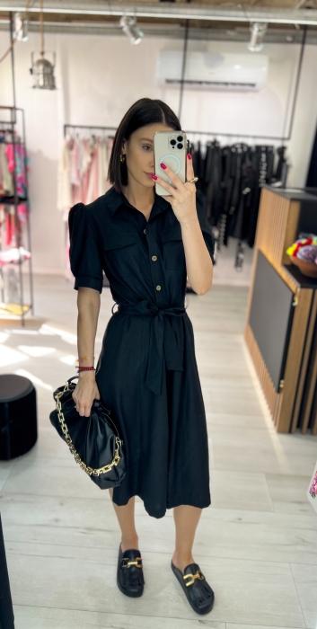 Дамска лен рокля в черен цвят