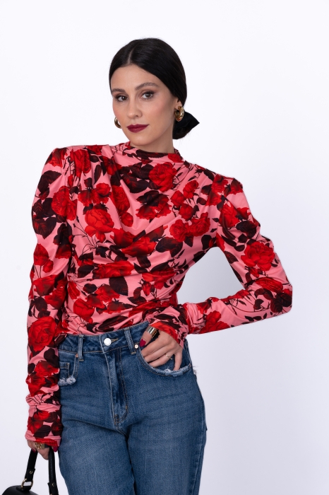 Дамска блуза "BELLA"/ розова с червени цветя